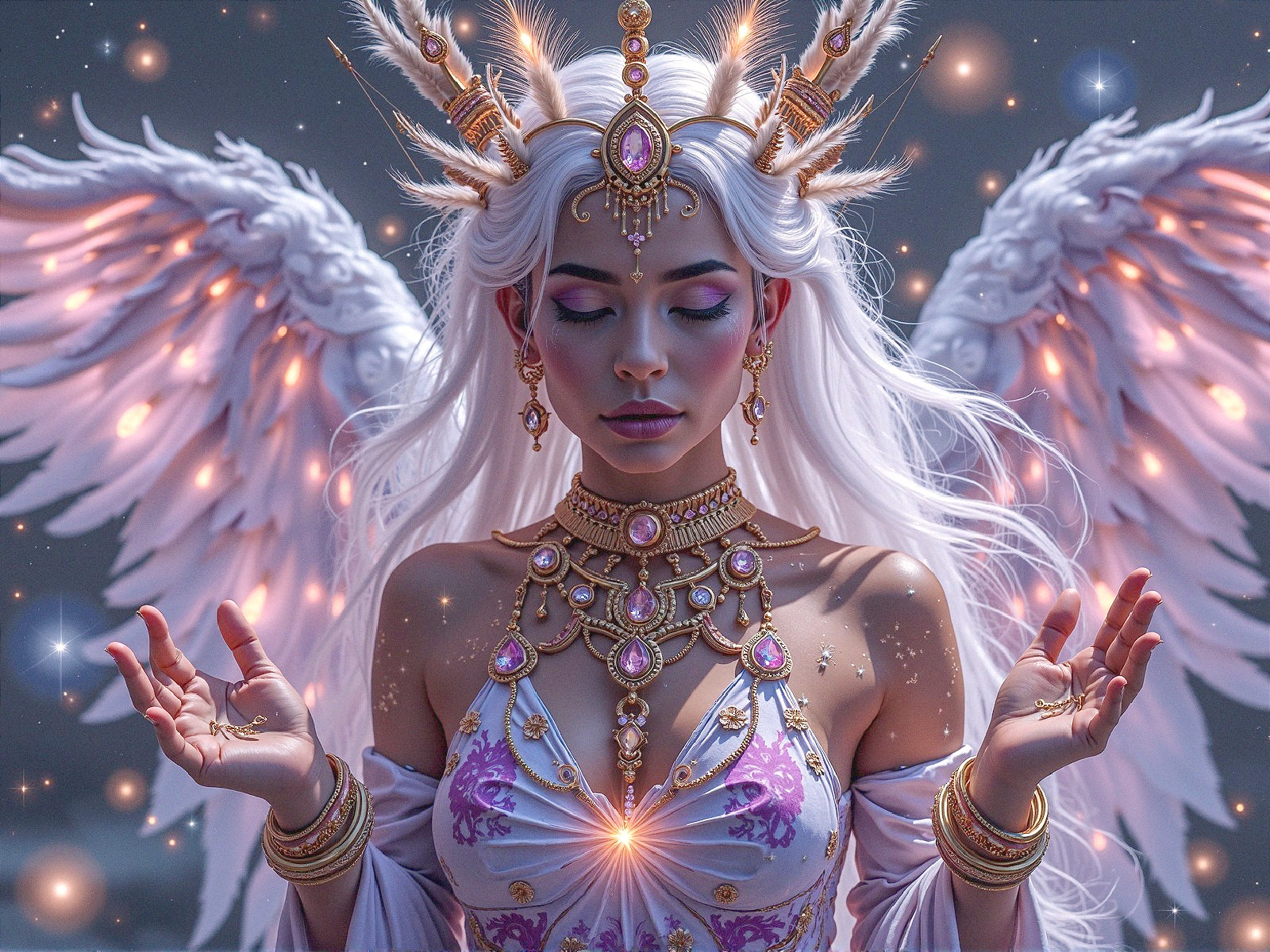 Serene figure with wings and flowing hair in meditation