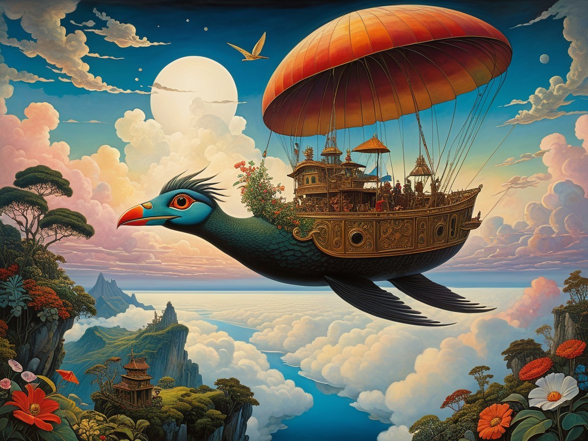 Whimsical Airship in Vibrant Sky Over Mountains