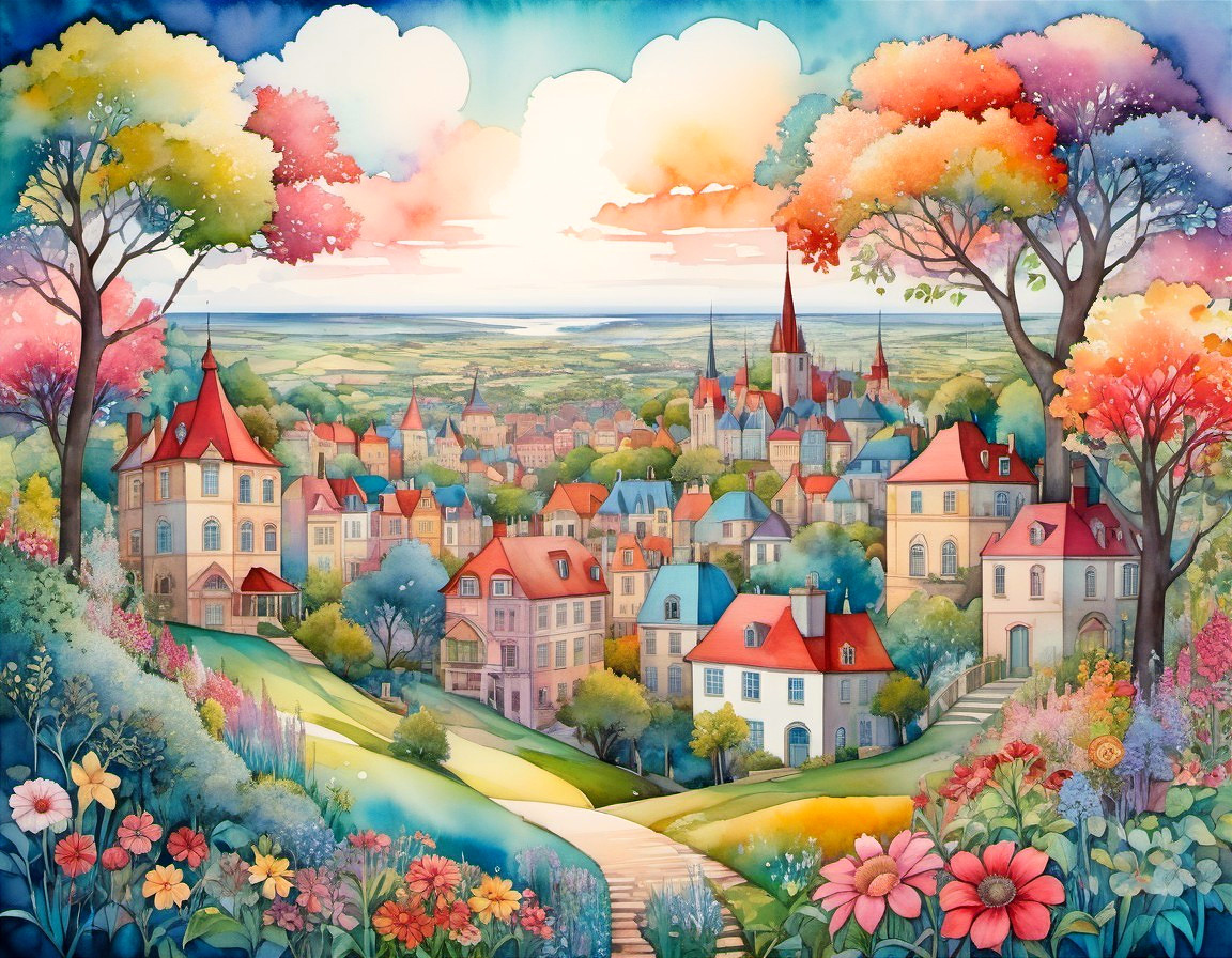 Charming Village Landscape with Rolling Hills and Trees