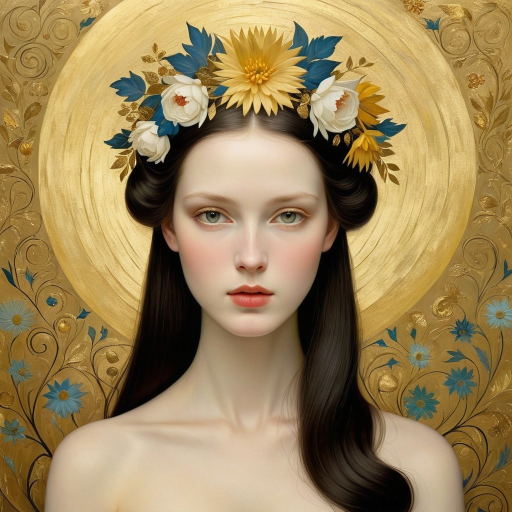 Serene Young Woman with Floral Crown and Gold Background