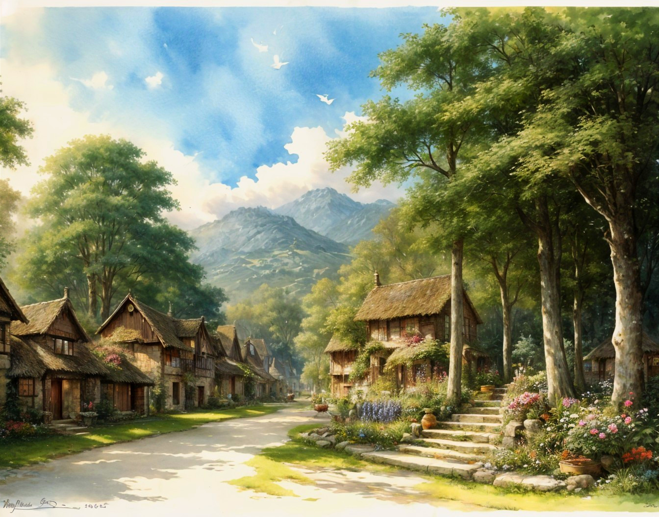 Charming Village with Thatched Roof Cottages and Gardens