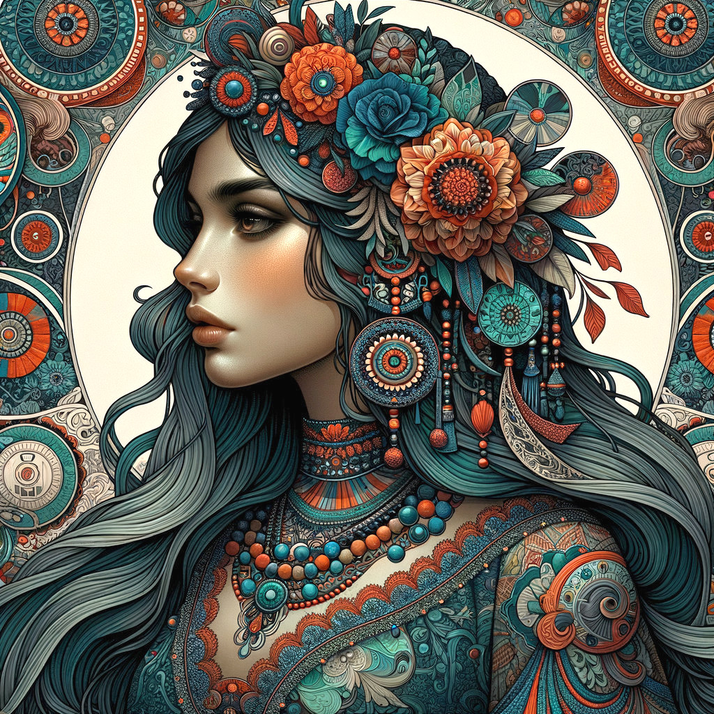 Profile of a Woman with Floral Hair and Ornate Outfit