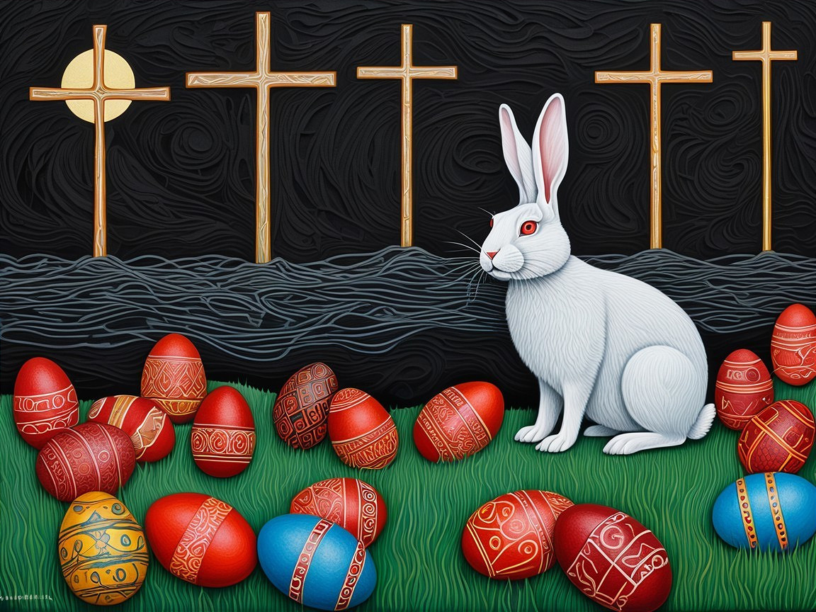 White Rabbit and Easter Eggs in Serene Scene