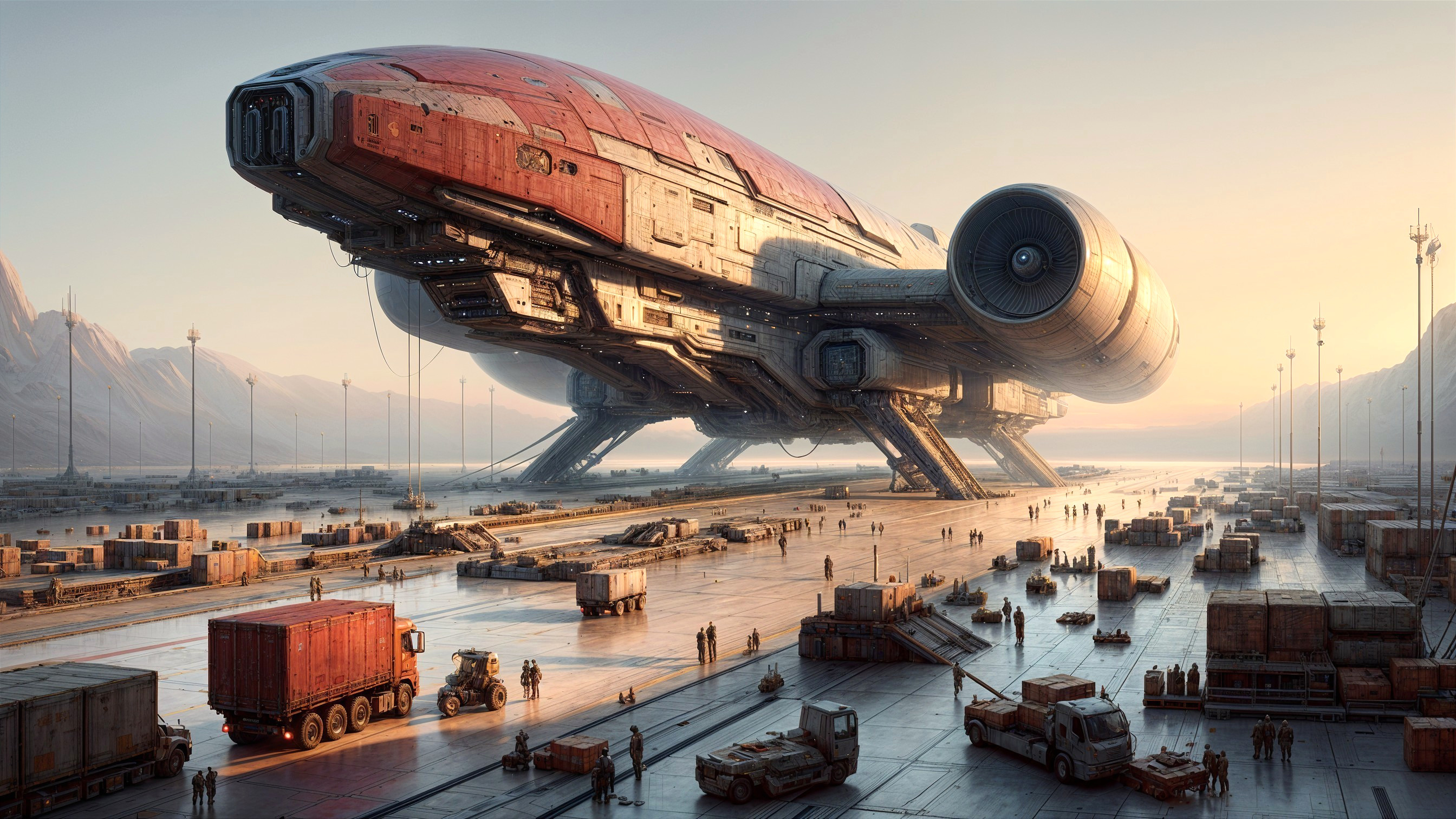 Futuristic spacecraft on a vast industrial landing platform