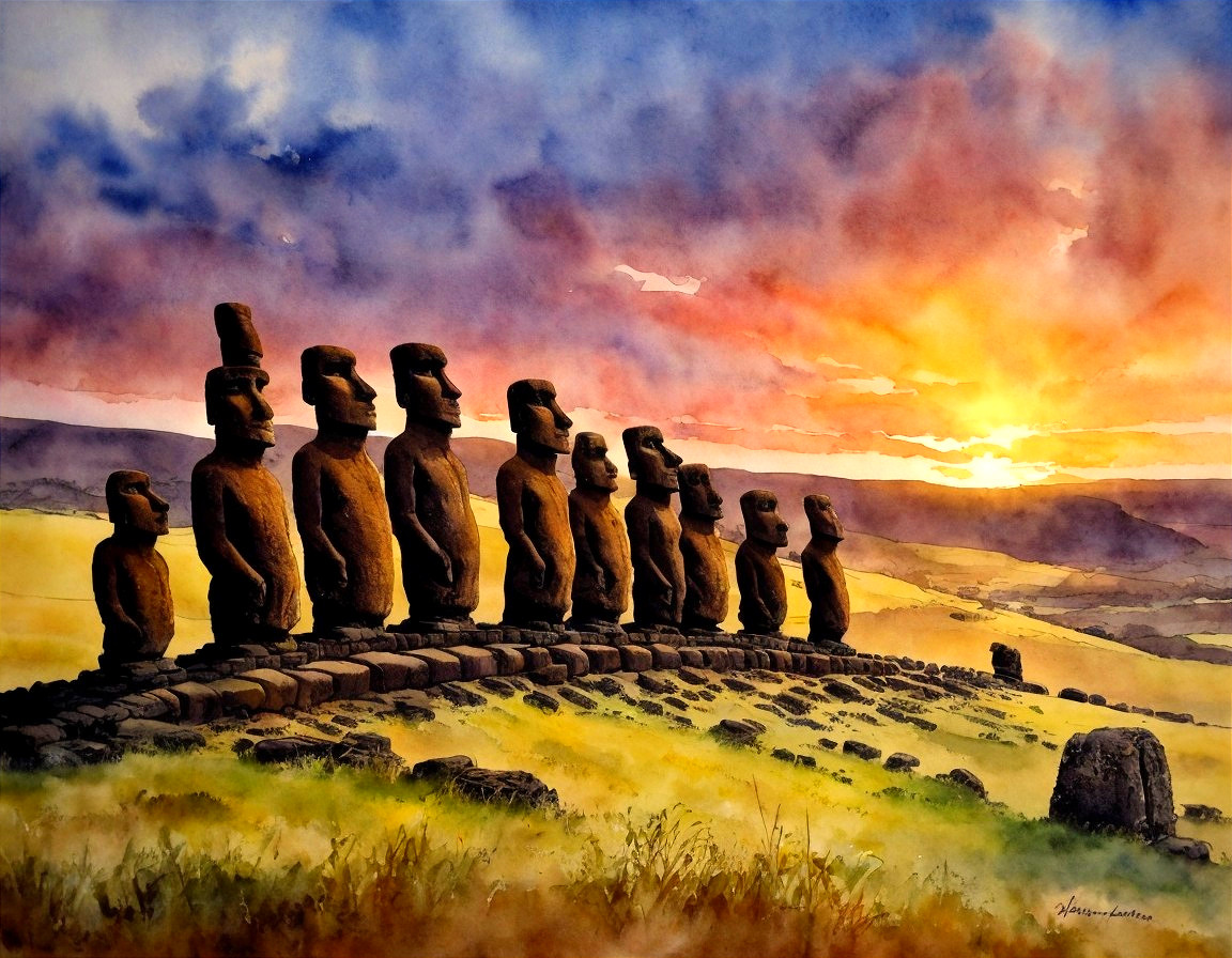 Watercolor Landscape of Moai Statues at Sunset