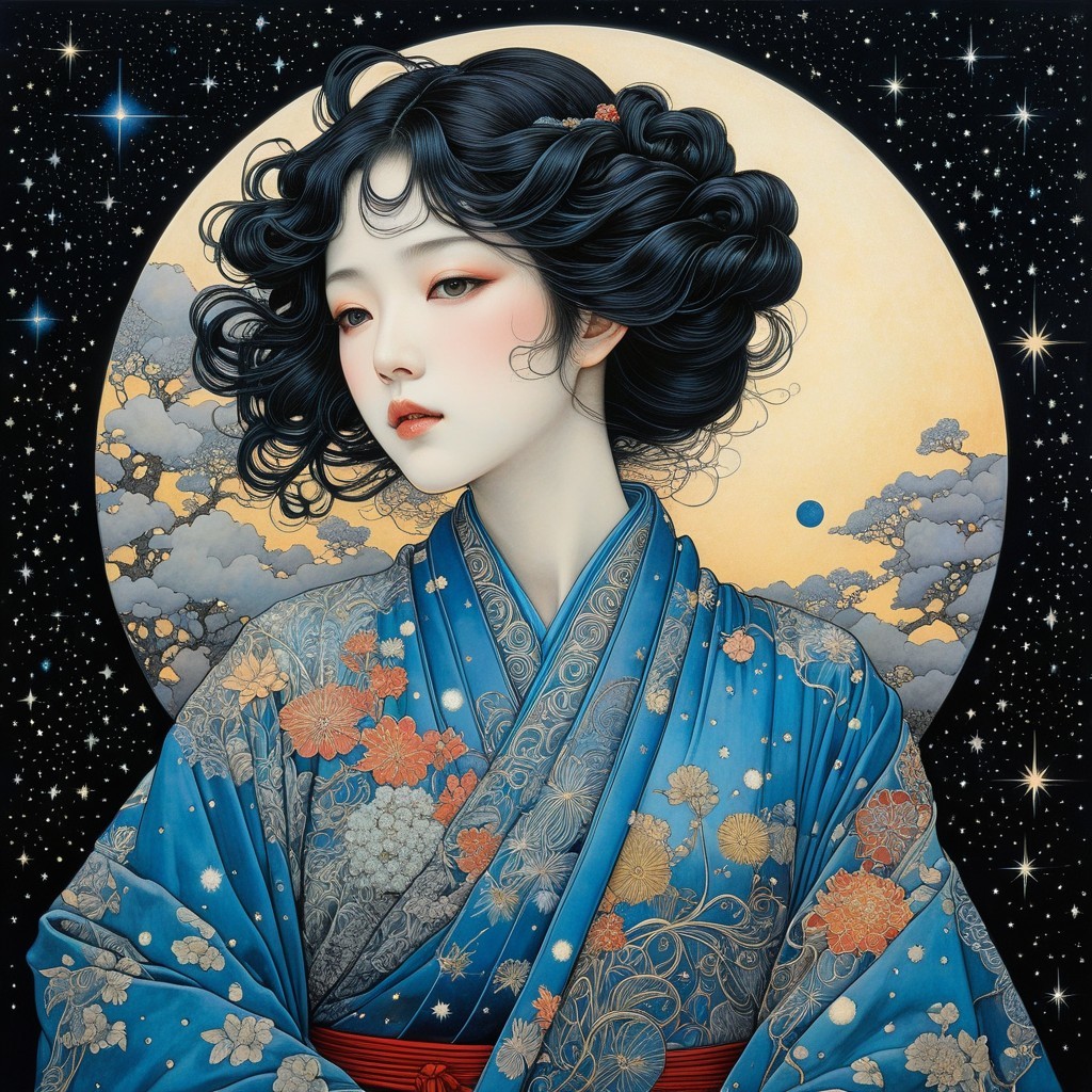 Young woman in blue kimono with celestial background