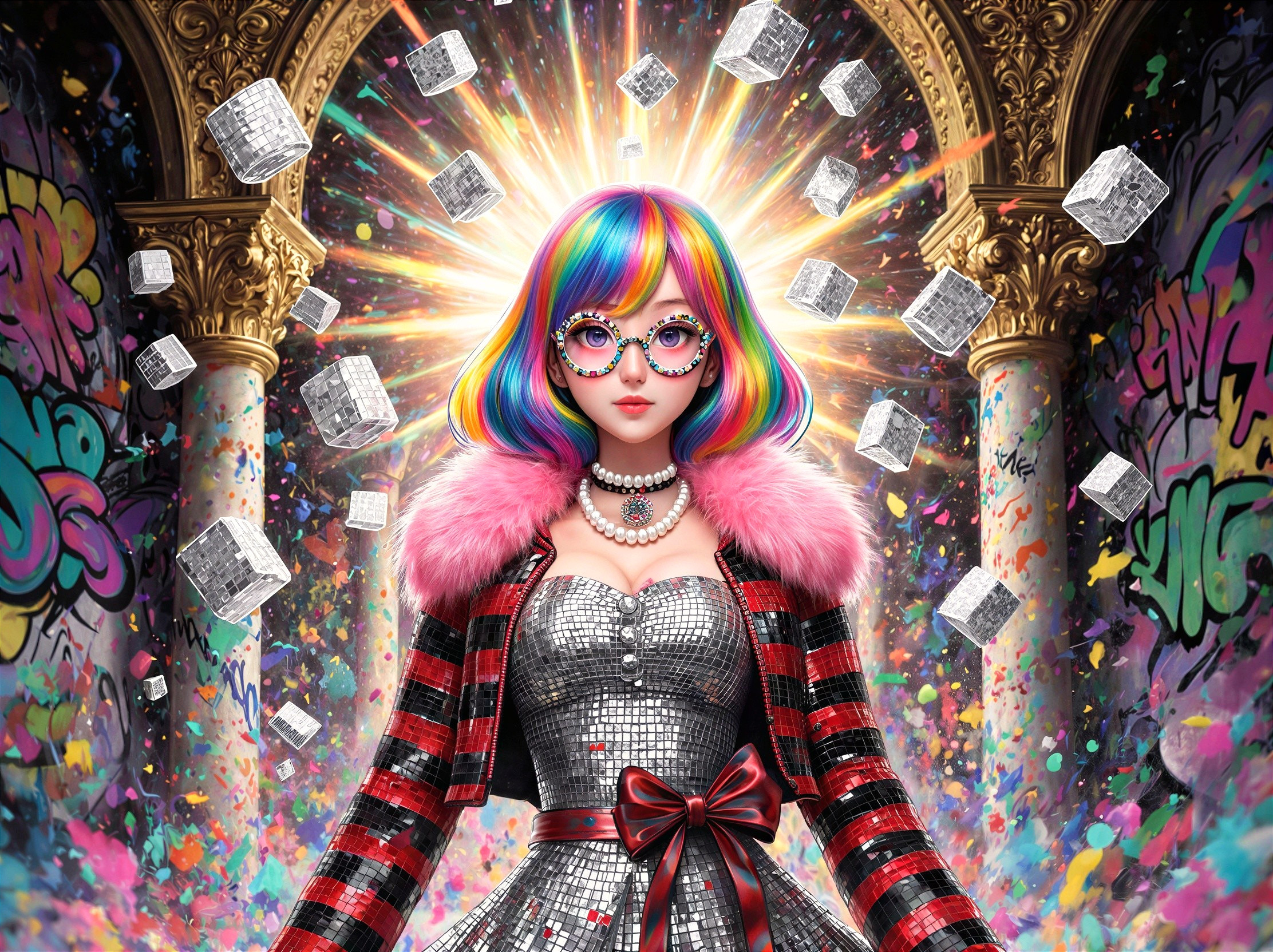 Anime girl with rainbow hair in a vibrant setting