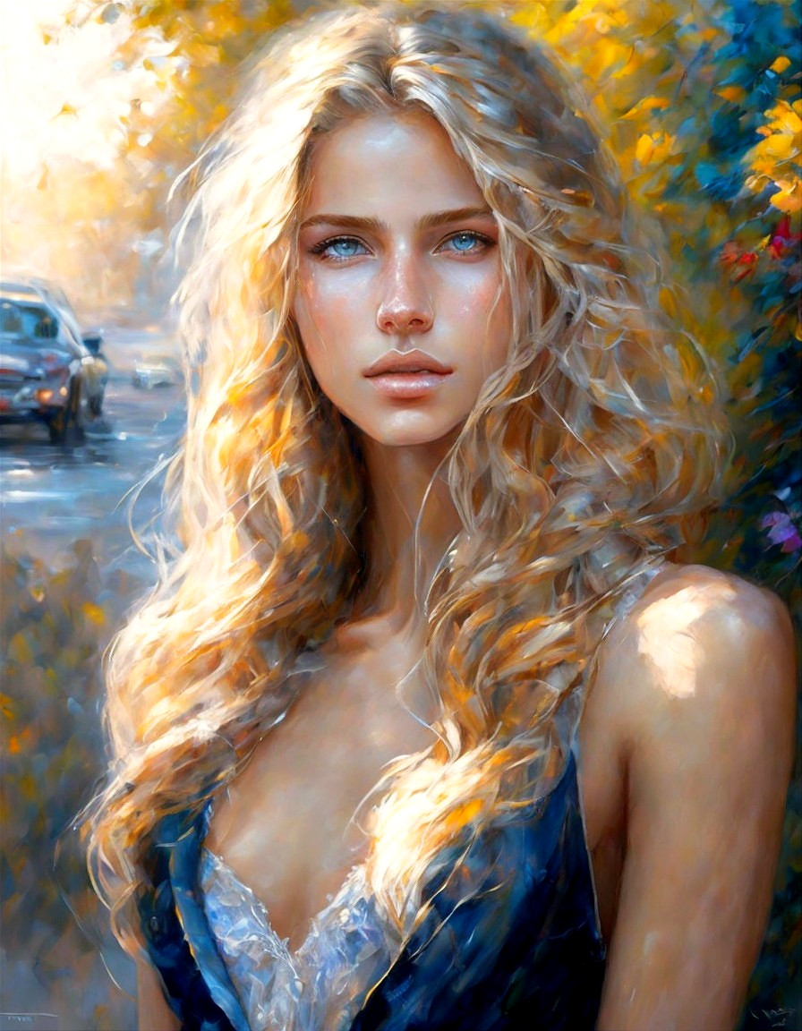 Young woman with blonde hair and blue eyes in nature