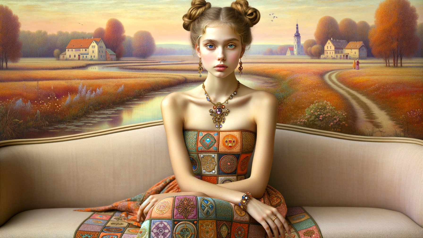 Young Woman in Colorful Gown on Beige Sofa with Landscape