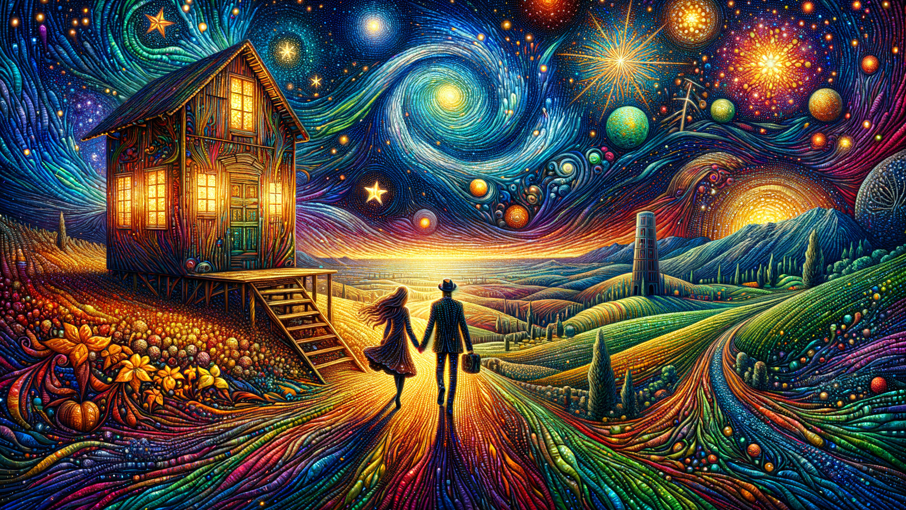 Colorful Dreamlike Landscape with Whimsical Elements