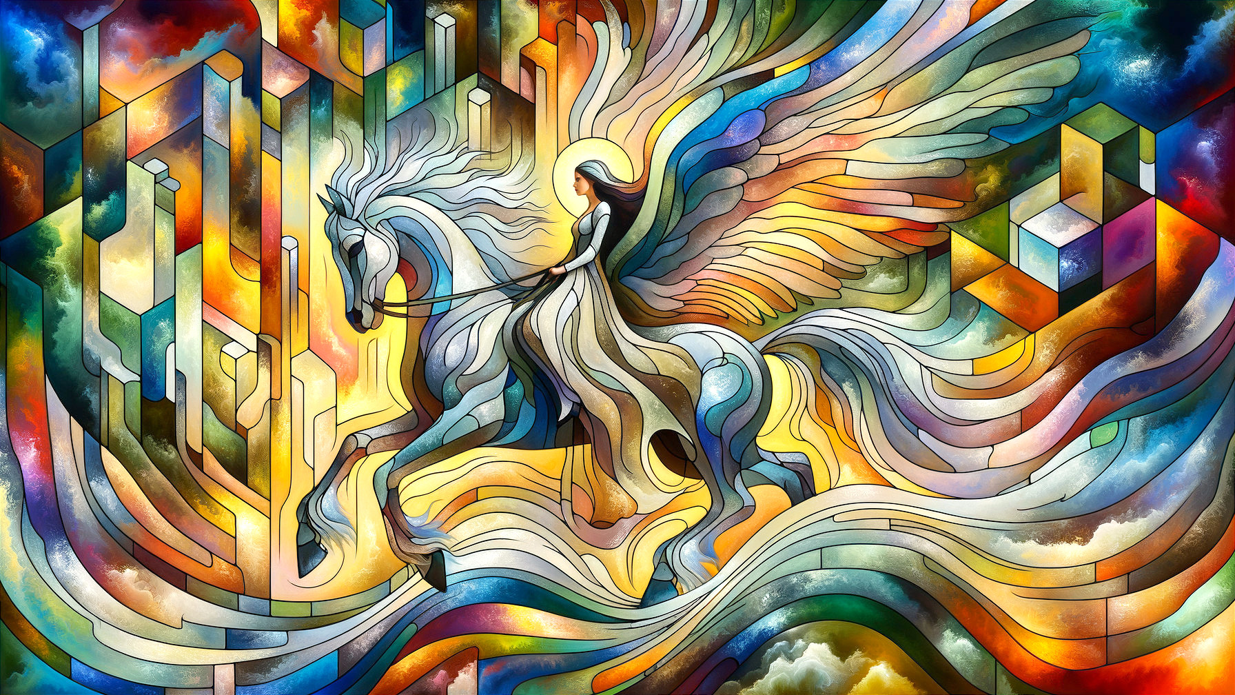 Abstract Illustration of Ethereal Figure on Winged Horse