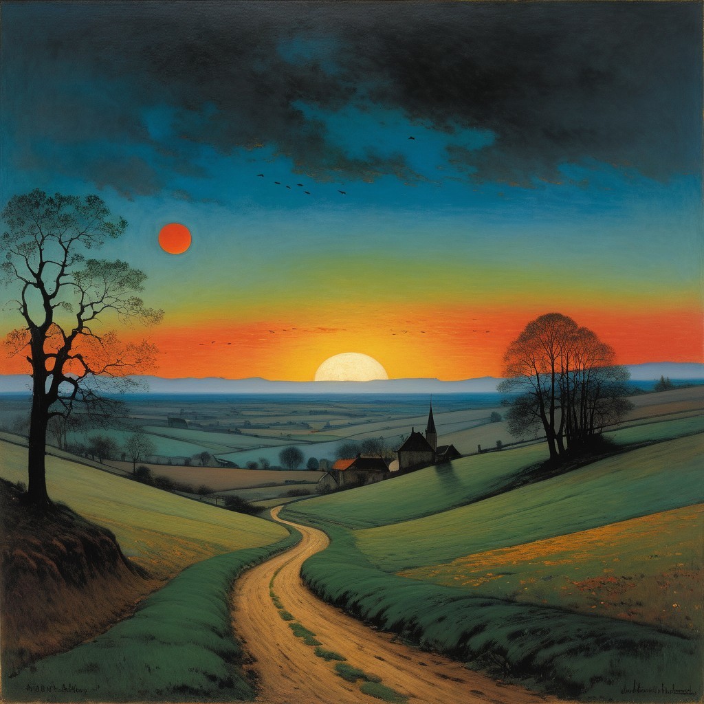 Serene Dusk Landscape with Rolling Hills and Village