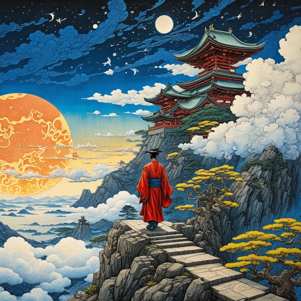 Solitary Figure in Red Robe Overlooking Majestic Landscape