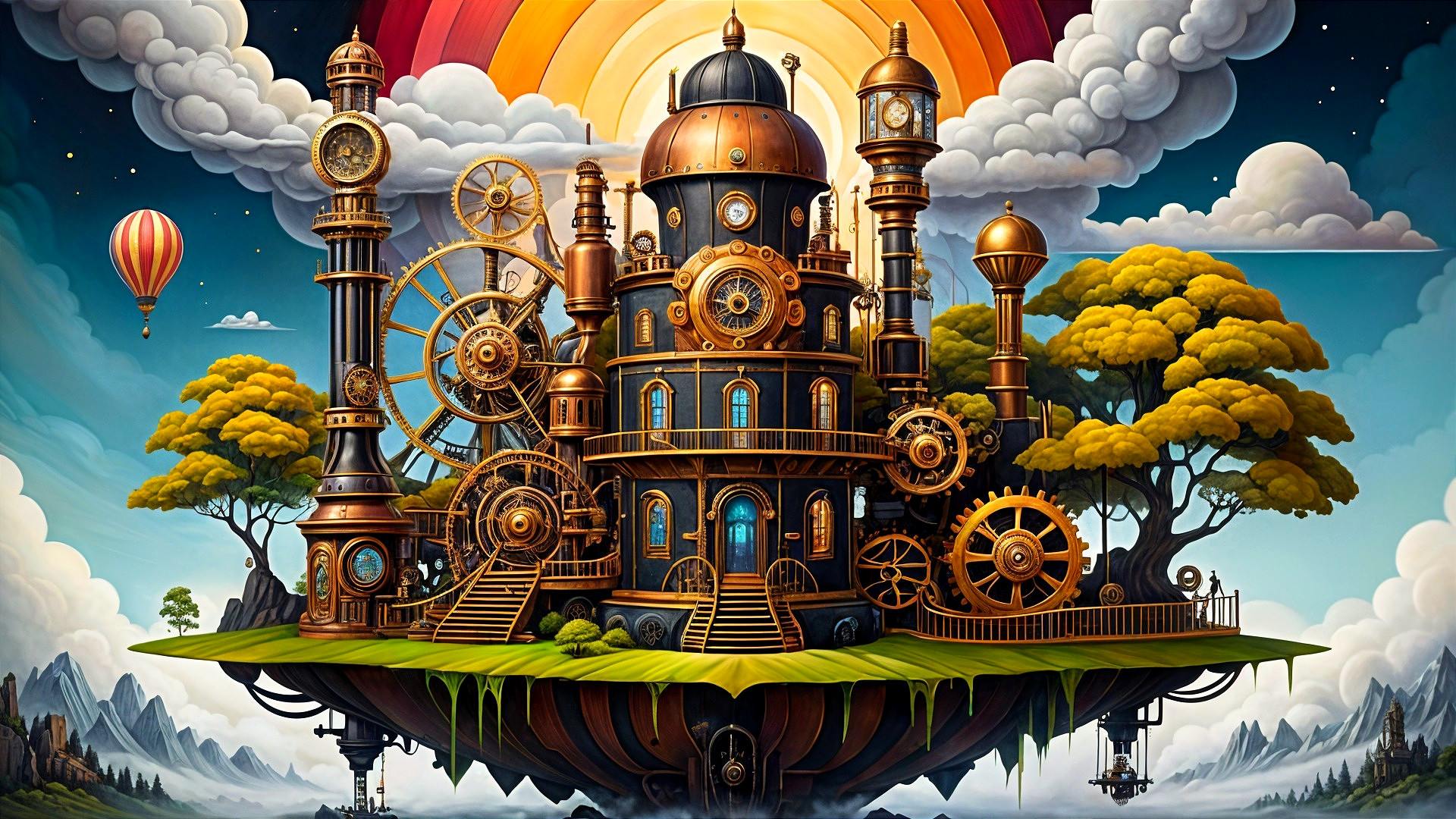 Steampunk Cityscape on a Floating Island at Sunset