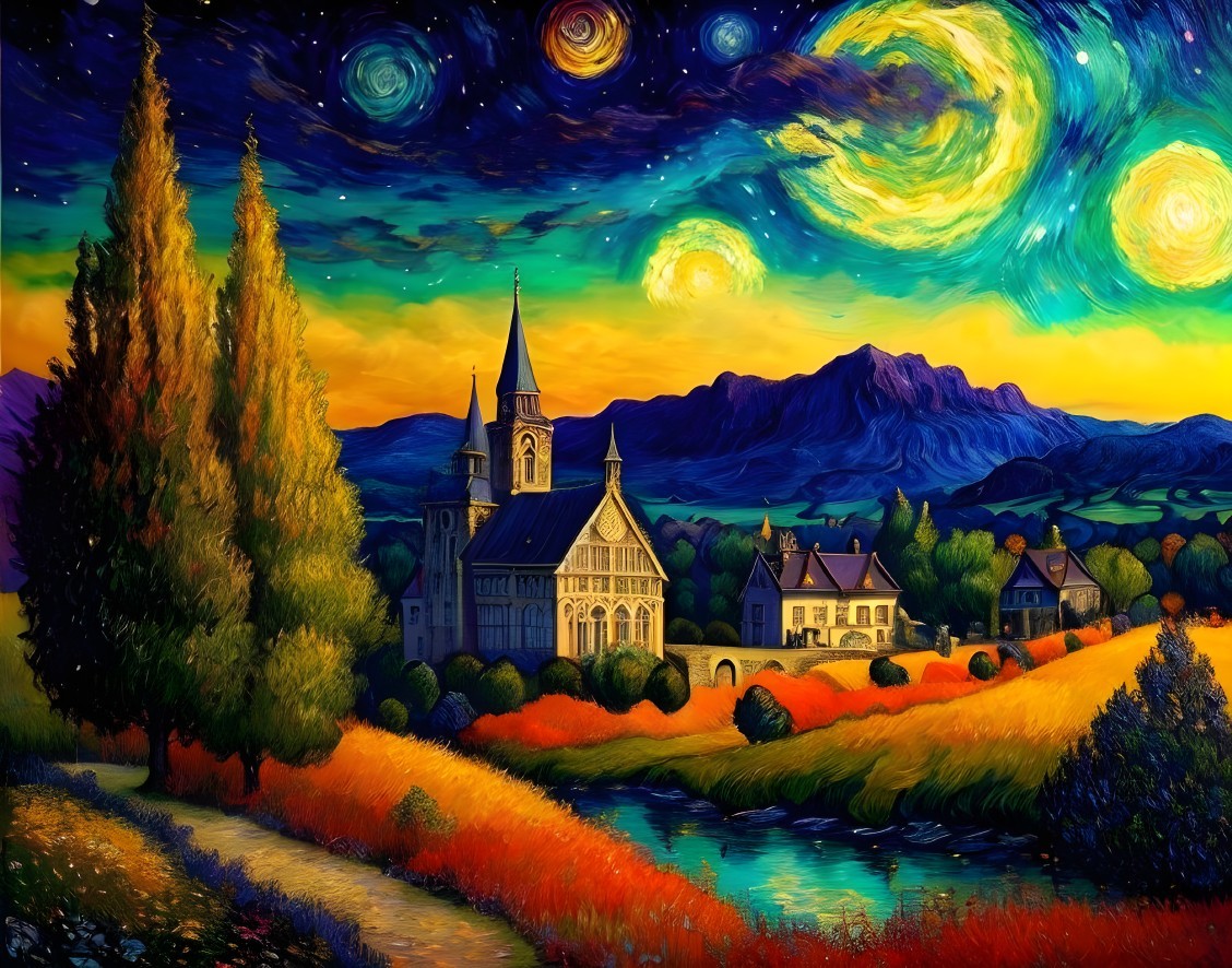 Vibrant Landscape with Church, River, and Mountains
