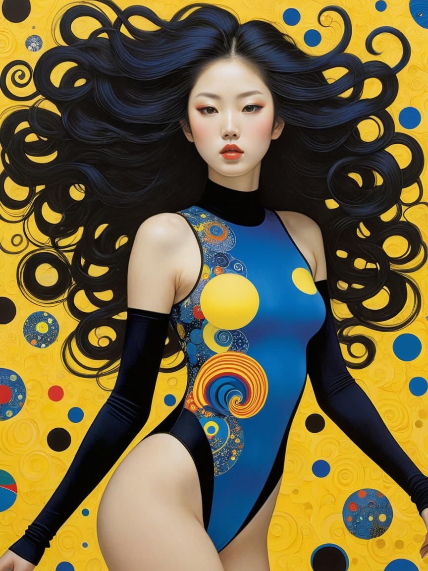Vibrant Blue Bodysuit with Bold Patterns and Yellow Background