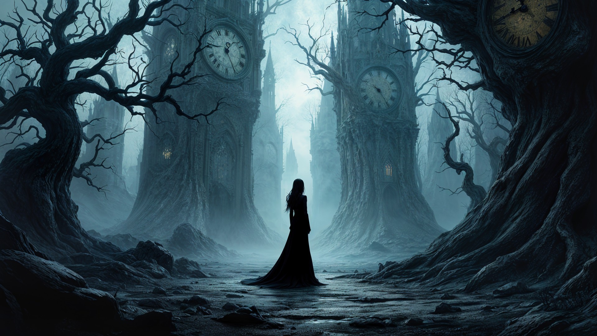 Surreal Landscape with Cloaked Figure and Clocks