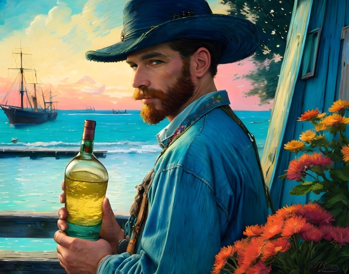 Rugged Man by Shore with Sunset and Sailboats