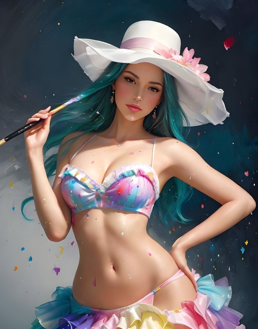Woman in Wide-Brimmed Hat with Paintbrush and Paint