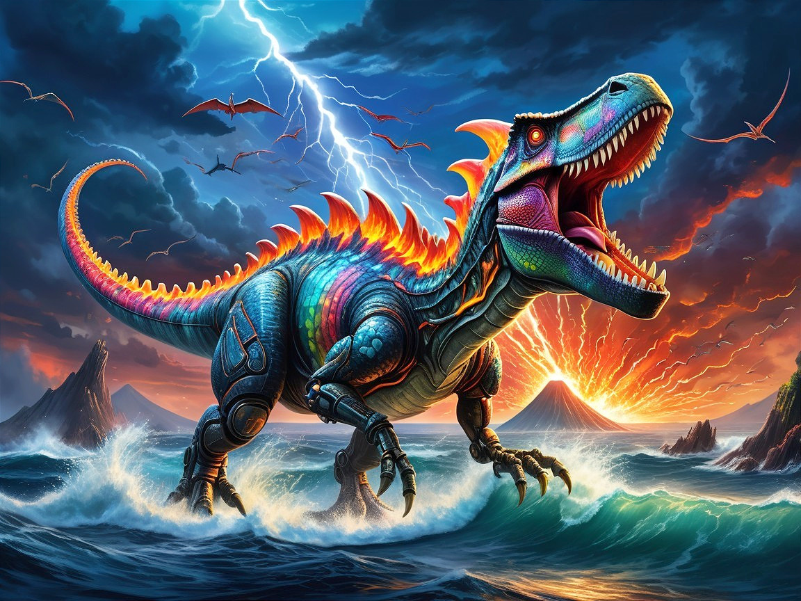Futuristic Robotic Dinosaur in Stormy Ocean Scene