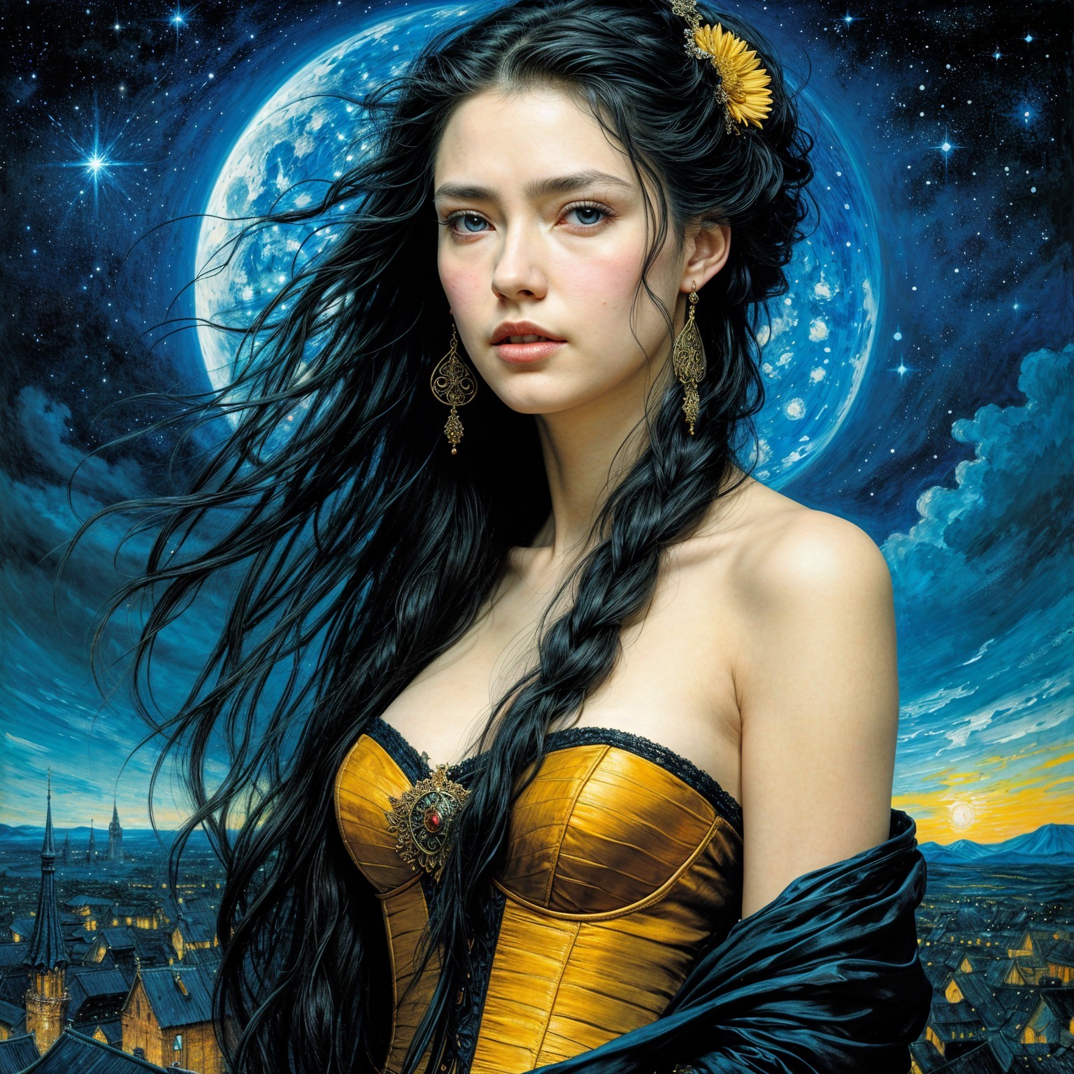 Mystical Scene of Woman in Golden Corset and Moonlight