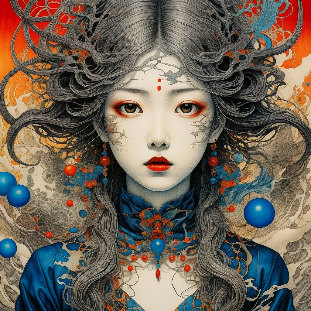 Ethereal figure with gray hair in a mystical setting