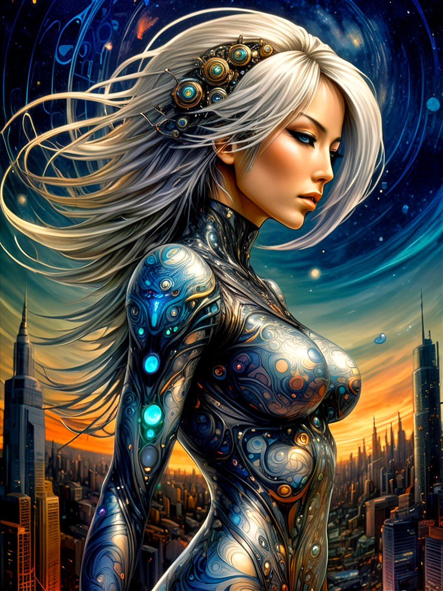 Futuristic Woman in Metallic Bodysuit Against Cosmos