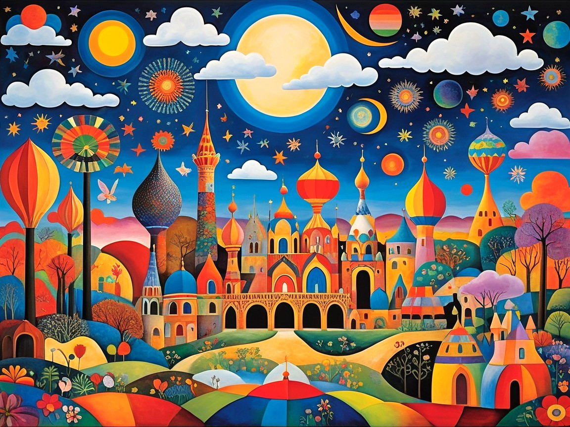 Vibrant Dreamlike Landscape with Whimsical Buildings