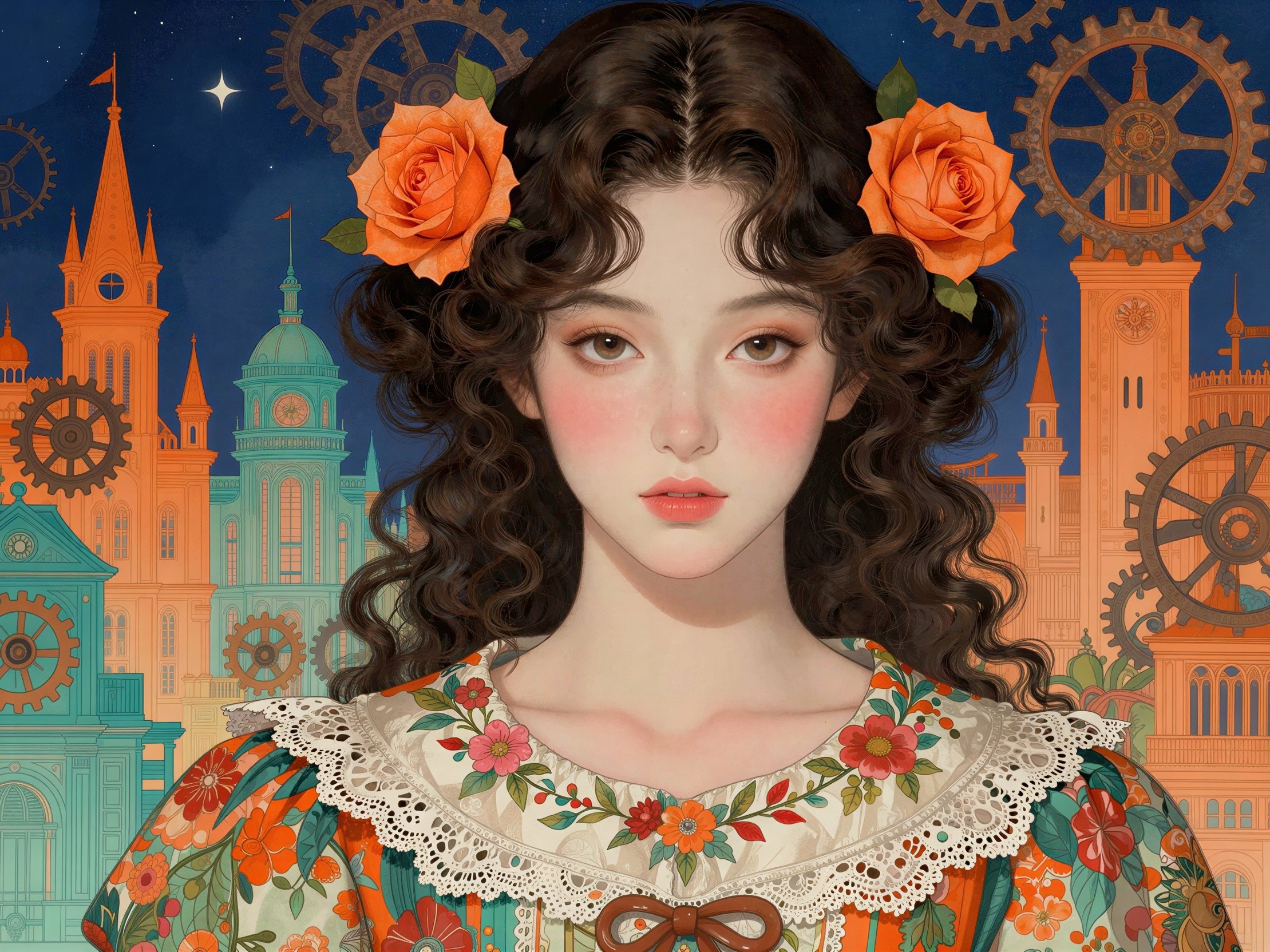 Portrait of a woman in floral dress with steampunk backdrop