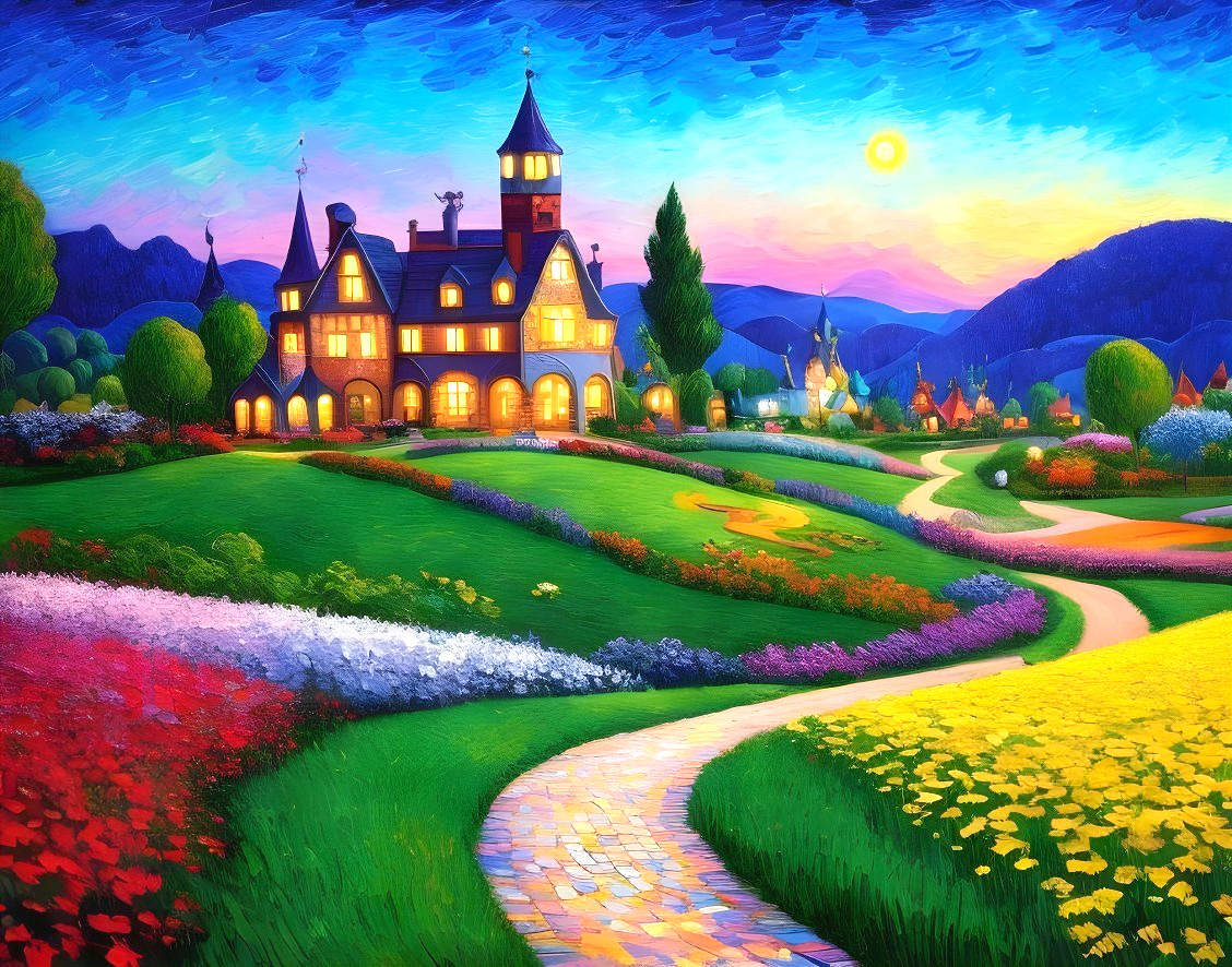 Charming Mansion in Vibrant Landscape at Dusk