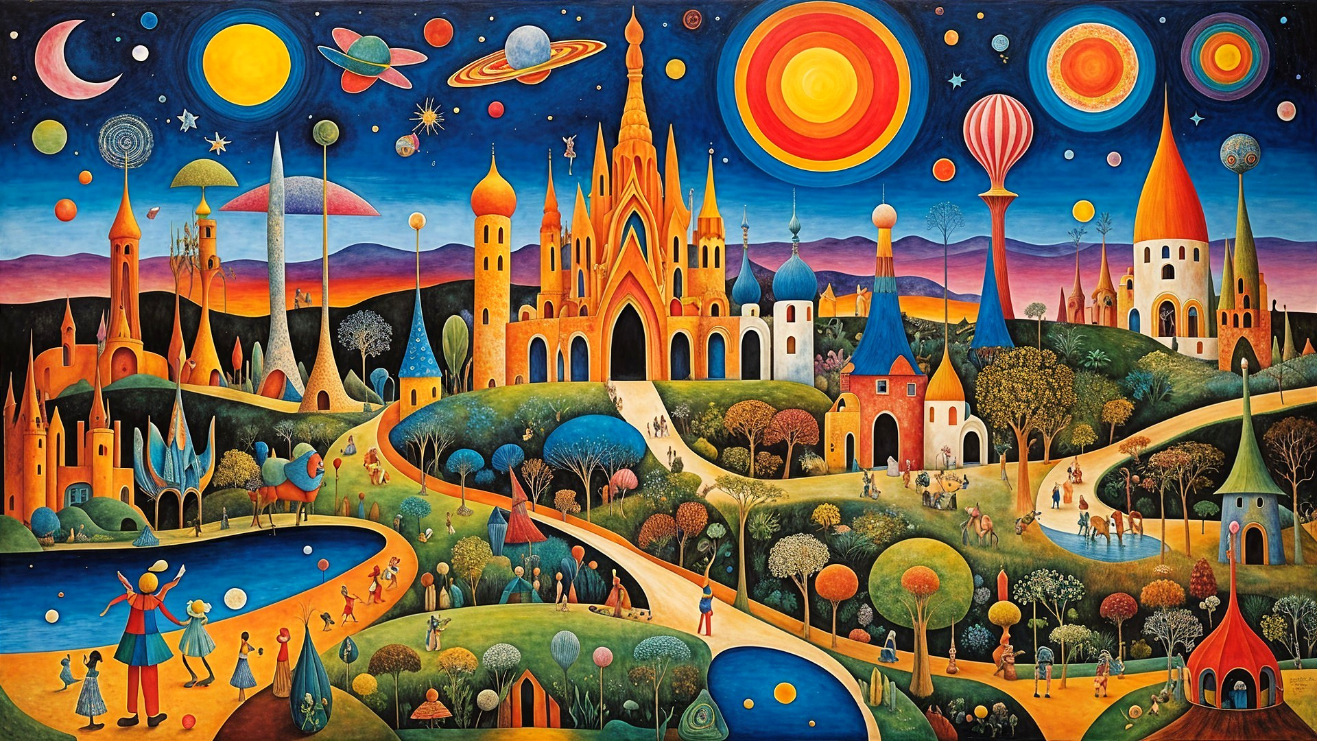 Whimsical Landscape with Colorful Trees and Unique Structures
