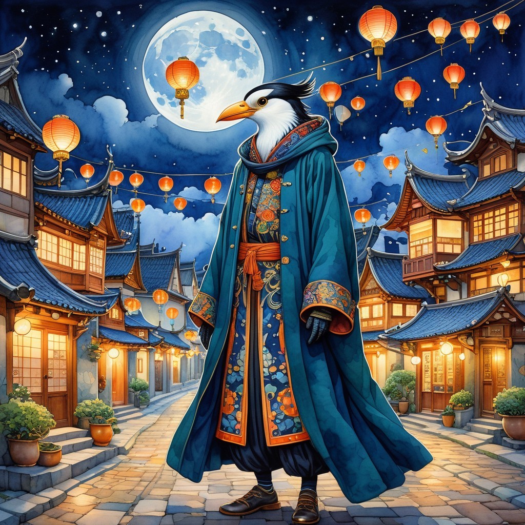 Majestic Bird Figure in Moonlit Town Setting