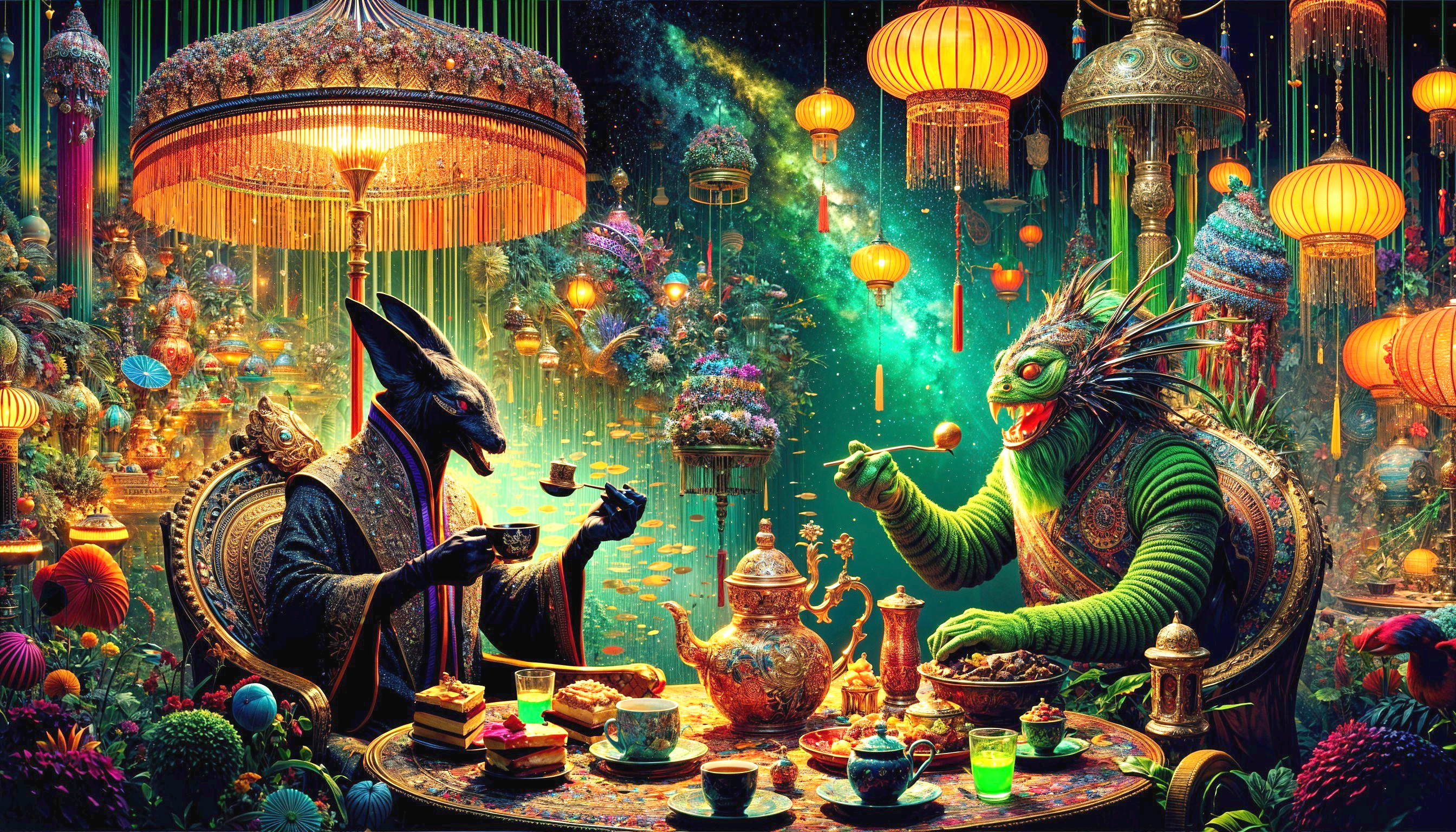 Surreal Tea Party with Fantastical Creatures and Lanterns