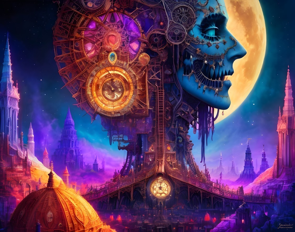 Surreal Artwork of Skull and Machinery in Vibrant Landscape