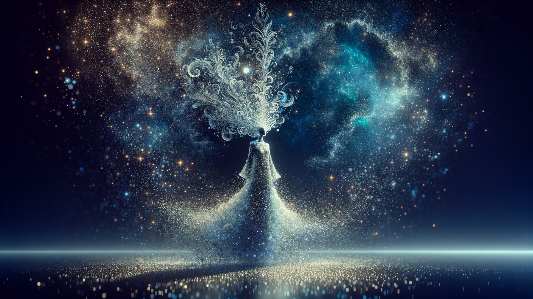 Ethereal Figure Against Cosmic Backdrop with Patterns