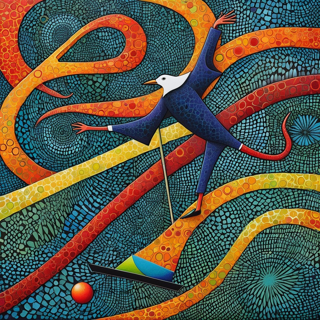 Vibrant Abstract Scene with Stylized Bird Figure