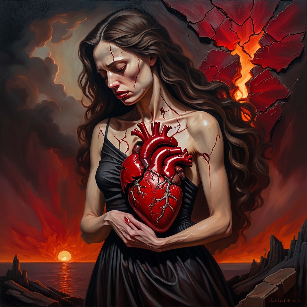 Forlorn Woman with Blood-Red Heart at Sunset