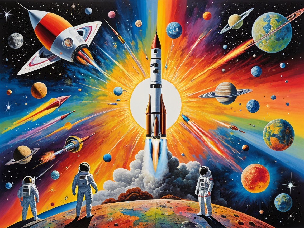 Vibrant Cosmic Scene with Rocket Launch and Astronauts