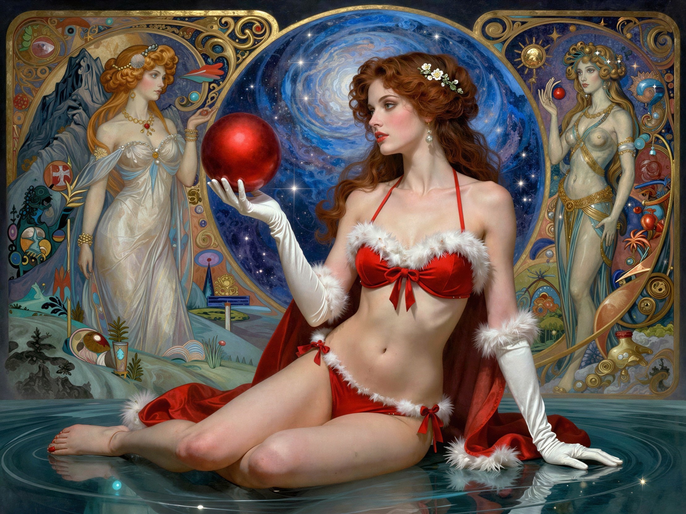 Art Nouveau Painting of Redhead in Santa Lingerie