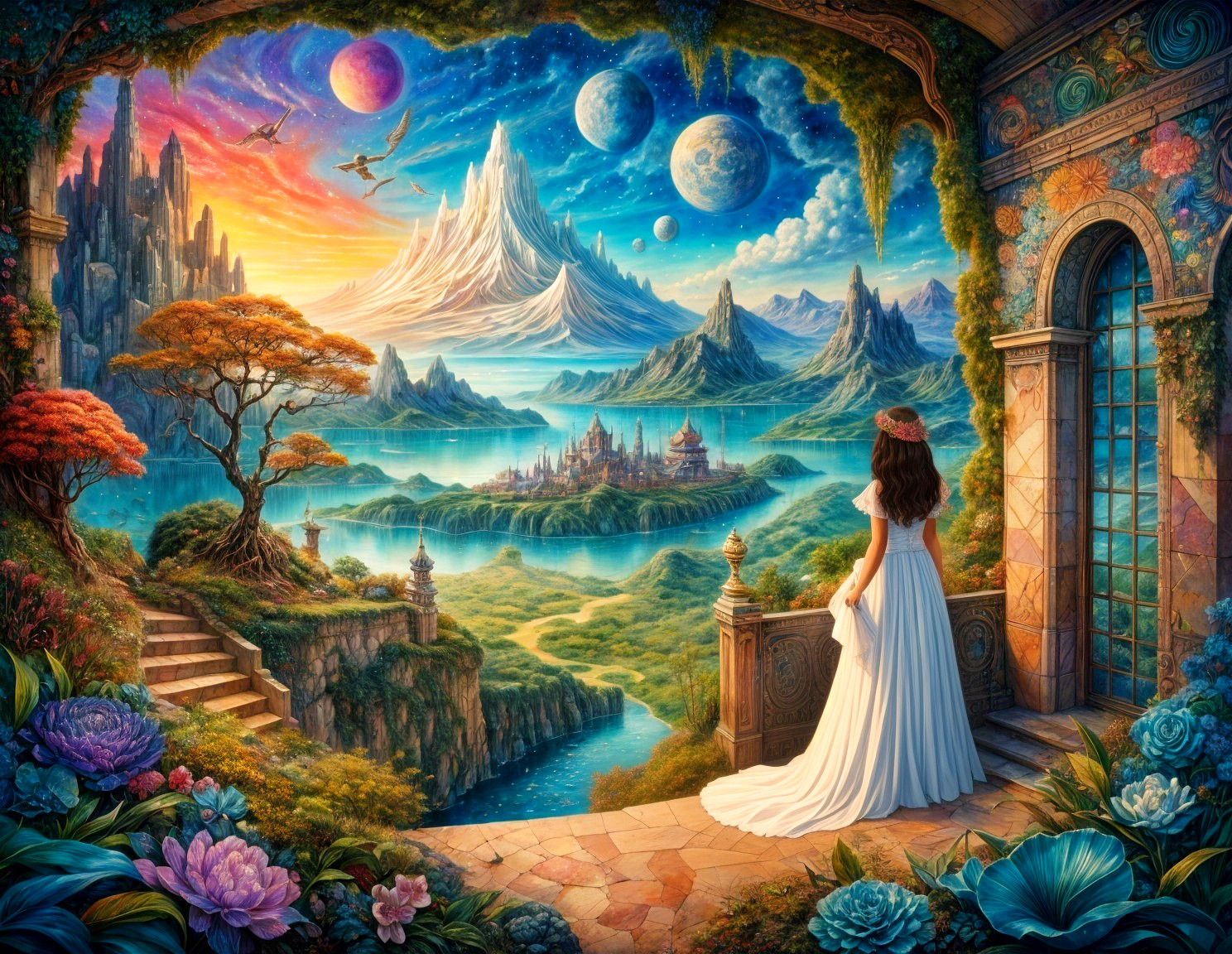 Serene Figure on Balcony Overlooking Fantasy Landscape