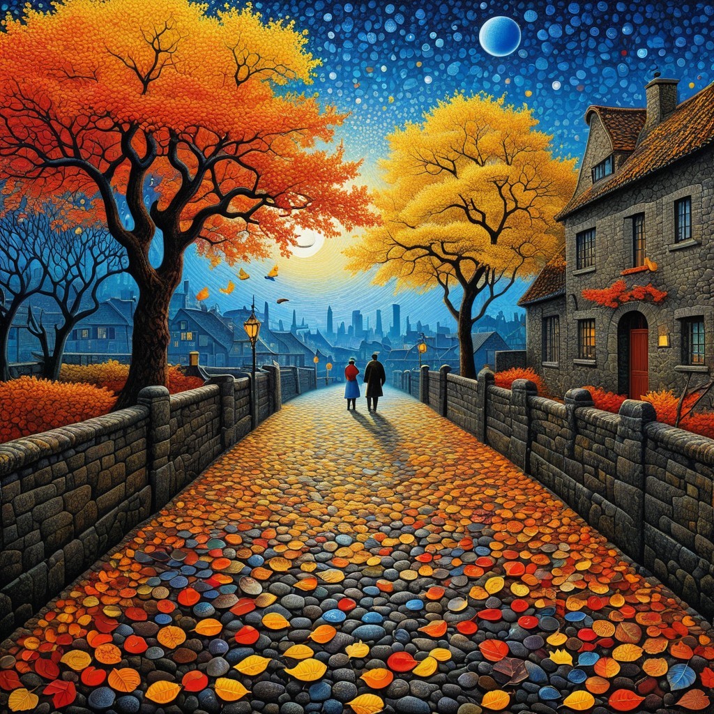 Vibrant Autumn Scene with Cobblestone Path and Trees