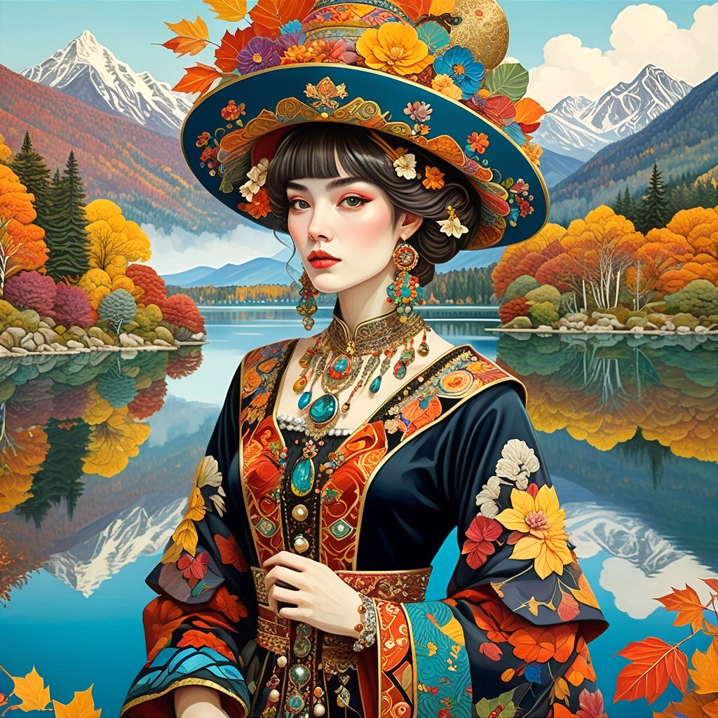 Graceful Woman by Tranquil Lake in Autumn Foliage