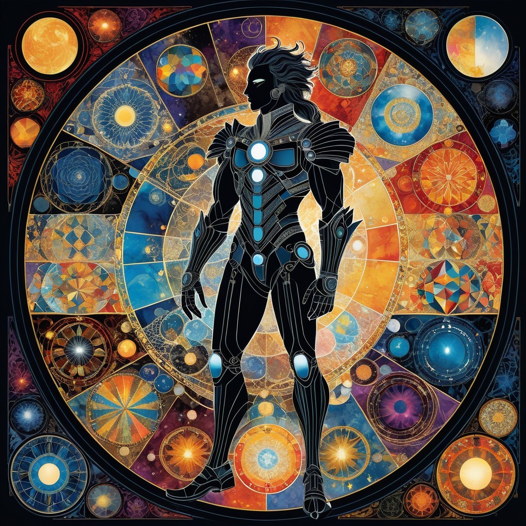 Futuristic Figure Against Kaleidoscopic Celestial Backdrop