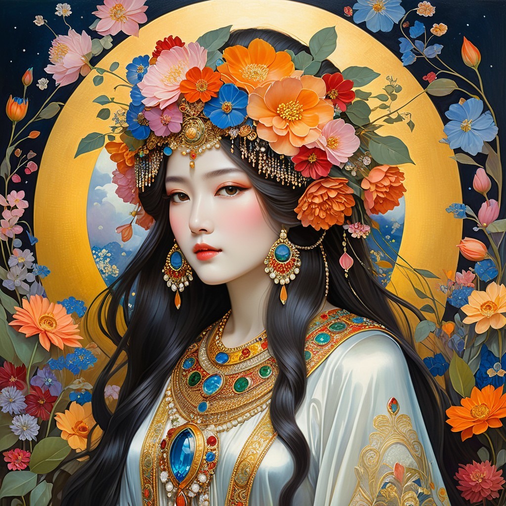 Young Woman with Floral Crown and Elegant Attire