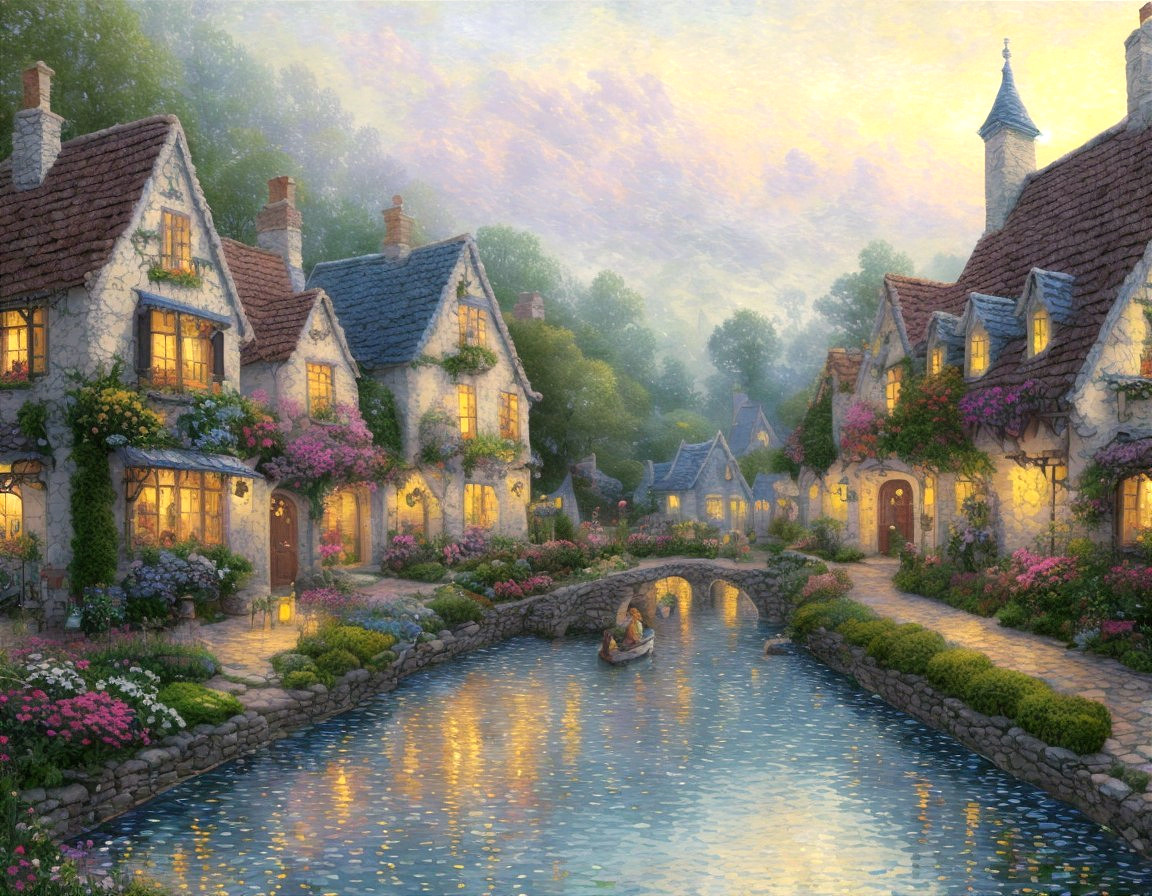 Enchanting Twilight Village with Stone Cottages and Canal