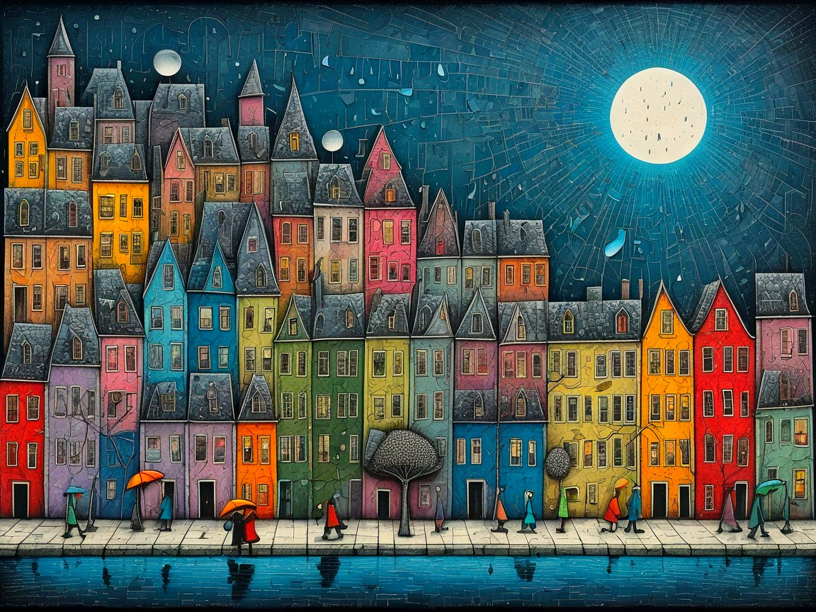 Vibrant Nighttime Cityscape with Colorful Houses