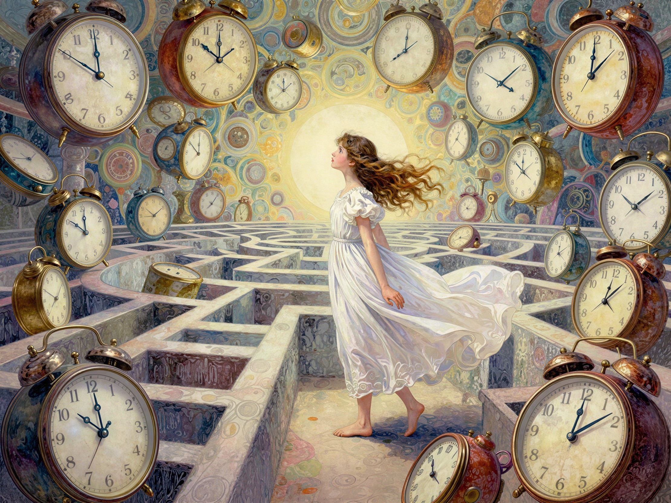 Young girl in gown walking through a textured maze