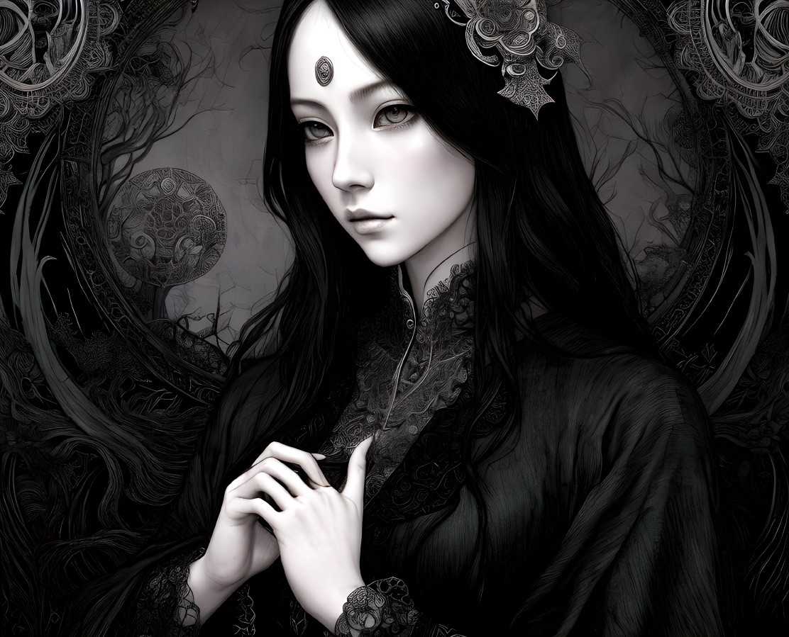 Ethereal Figure Against Dark Intricate Backdrop