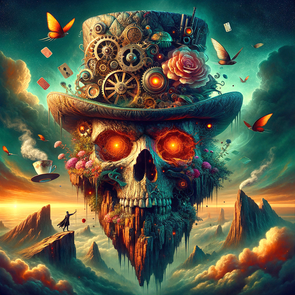 Surreal Landscape with Skull, Butterflies, and Mountains
