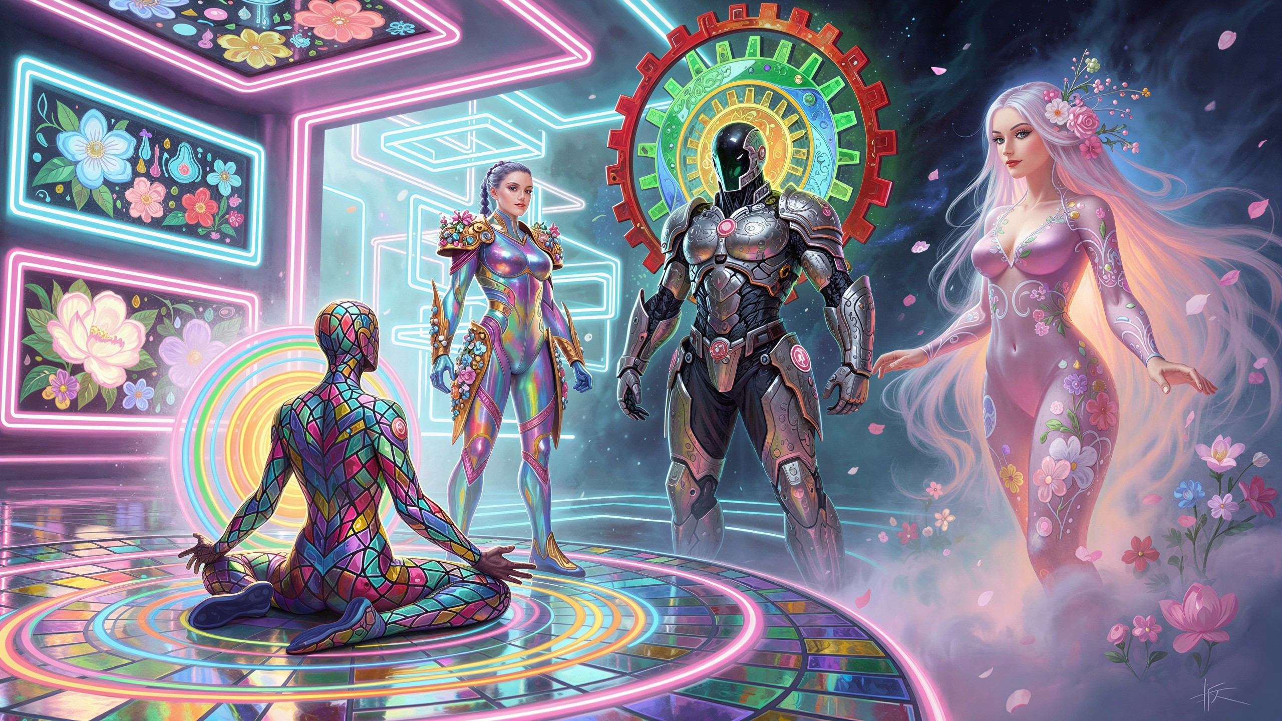 Vibrant Oil Painting of Cybernetic Entities in Futuristic Room
